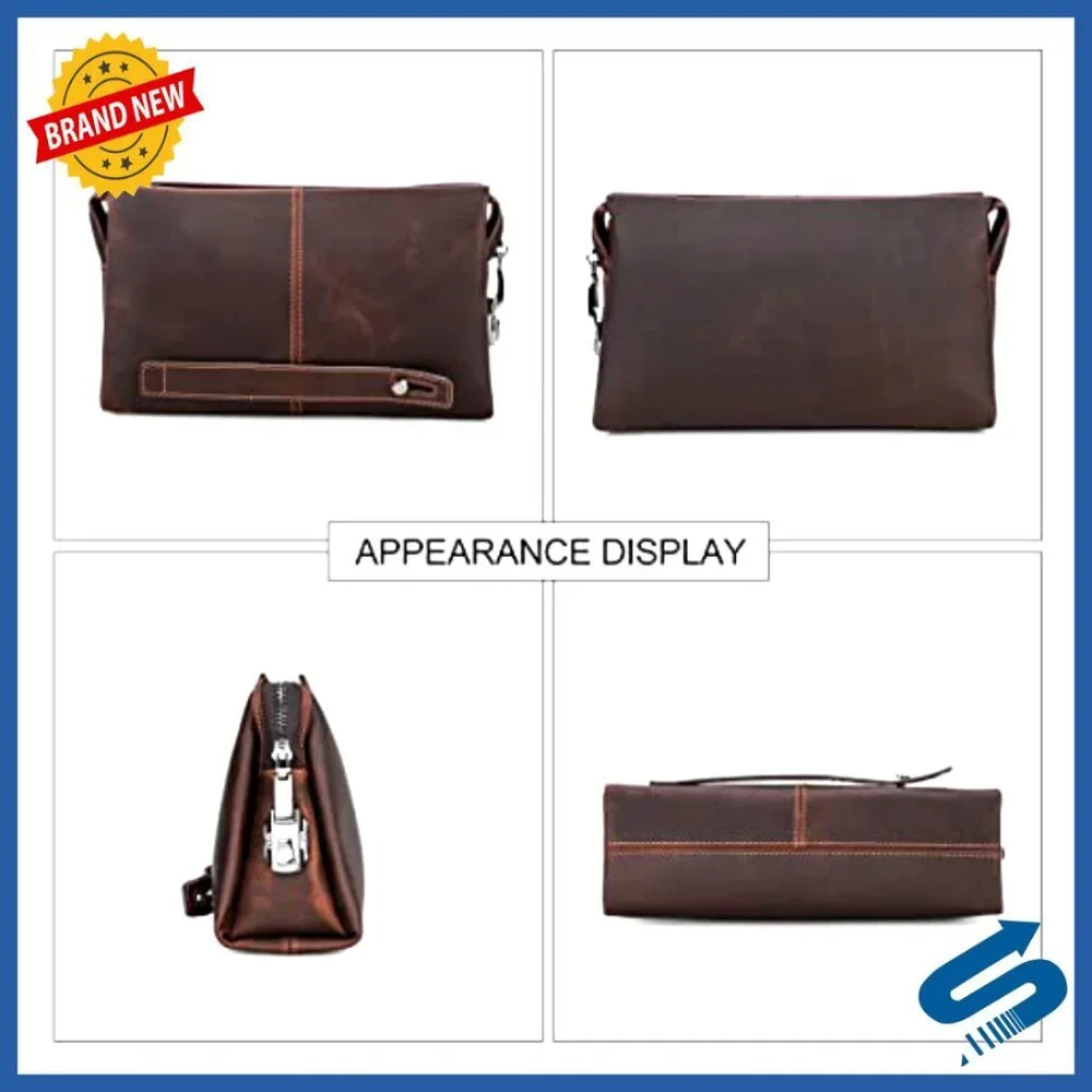 Men's Genuine Leather Clutch Bag with Code Lock, Phone Holder, Travel Business
